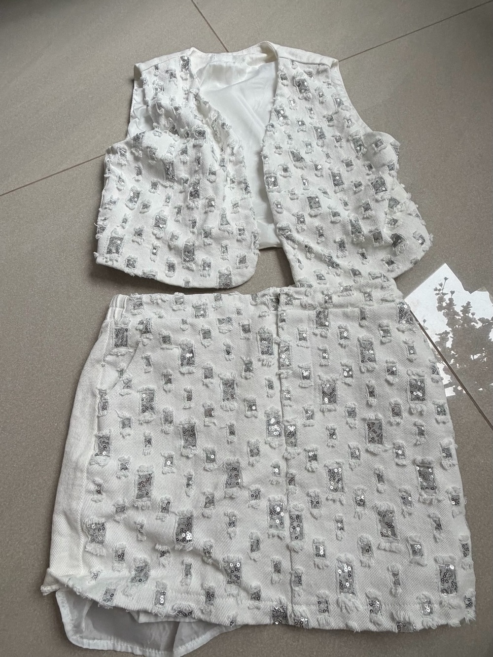 Alice Blue White Sequin Distressed Denim Vest & Skort Set Size S